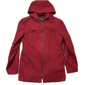 London Fog Women Jacket Size L Red Hooded Wool Zipper Long Sleeve Overcoat Lined